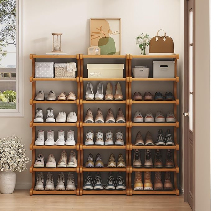 7-Tier Vertical Shoe Rack, Bamboo Free Standing Shoe Rack Shelf, Shoe Storage Stand, Entryway Shoe Tower, Vertical Shoe Organizer for Narrow Closet, Entryway, Hallway, Rustic Brown (16")-NeatNest