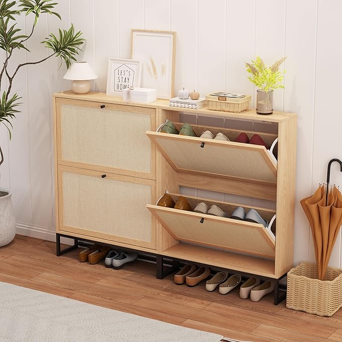 AVZEAR Shoe Cabinet with 2 Flip Drawer Door, Freestanding Shoe Organizer, Shoe Cabinet Storage for Entryway, Shoe Storage Shoe Rack for Closet with Linen Doors Drawer in Hallway, Living Room (Natural)-NeatNest