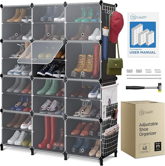 Shoe Organizer Cabinet Up to 48 Pairs, Shoe Closet-Covered Shoe Rack with See-Through Door (Clear, Plastic, Stackable) Cubby Portable Shoe Organizer with Covers, Hooks & Pockets, Black-NeatNest