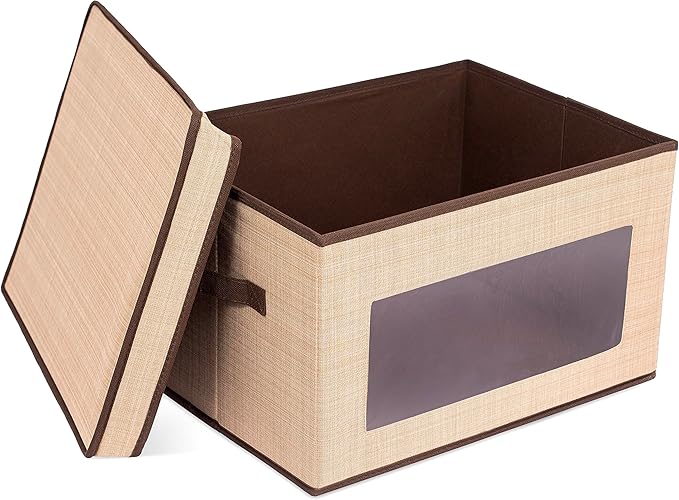 Internet's Best Storage Box with Window - Durable Storage Bin Basket Containers with Lids and Handles - Clothes Nursery Toys Organizer - Brown (Beige)-NeatNest