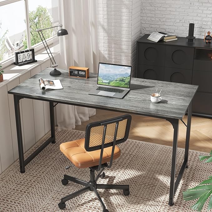 Huuger Computer Desk, 55 Inch Home Office Desk, Gaming Writing Work from Home Study Desk, Large Legroom, Sturdy Metal Frame, Modern Simple, Grey-NeatNest