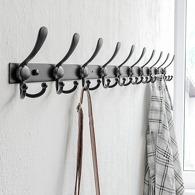 Dseap MaxStrong 2.0 Coat Rack Wall - 37” Long 10 Tri Hooks - Ultra Heavy-Duty Stainless Steel Wall Mount Coat Hanger, Hook Rail for Clothes Hats Jacket Towels Black