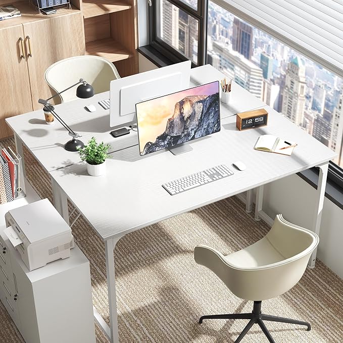 Huuger Computer Desk, 55 Inch Home Office Desk, Gaming Writing Work from Home Study Desk, Large Legroom, Sturdy Metal Frame, Modern Simple, White-NeatNest