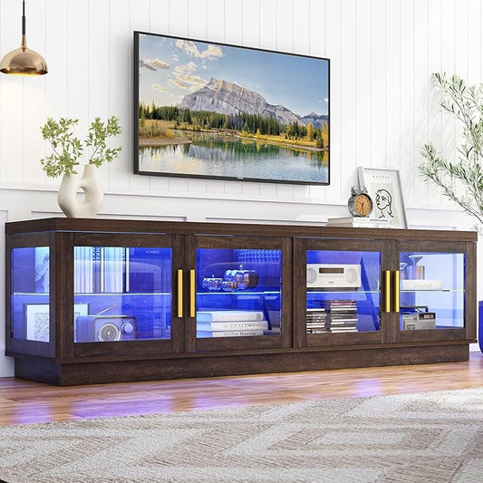 71IN LED TV Stand for 85/80/75inch TV,High Glossy Wooden Farmhouse TV Stands for Living Room,TV Gaming Entertainment Center with Storage Cabinet,RGB LED(Brown)-NeatNest