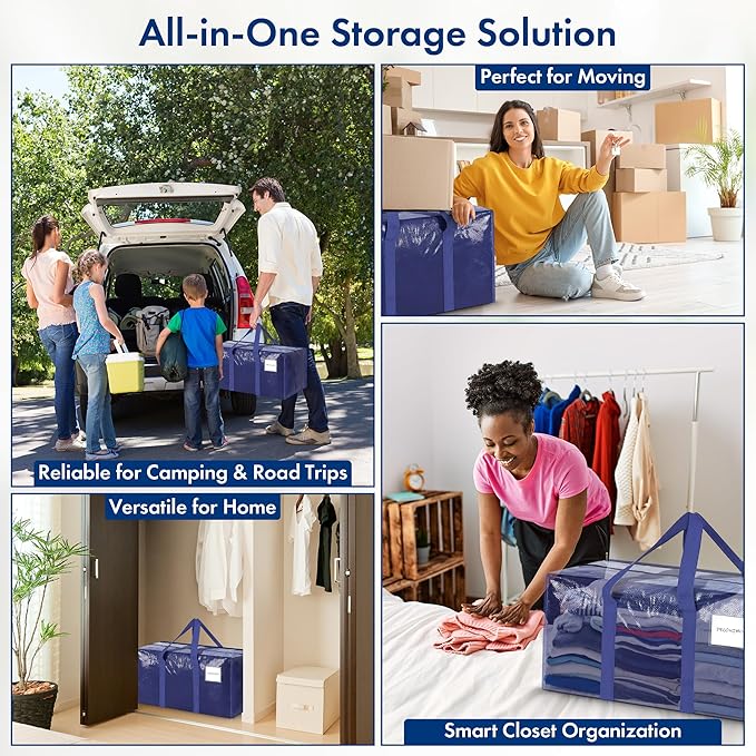 Extra Heavy Duty Large Moving Bags with Strong Zipper & Comfortable Handles - Sturdy & Durable Clothes Storage Bags Totes Bins - Large Storage Totes for Dorm, Space Saving 6 Packs (Dark Blue)