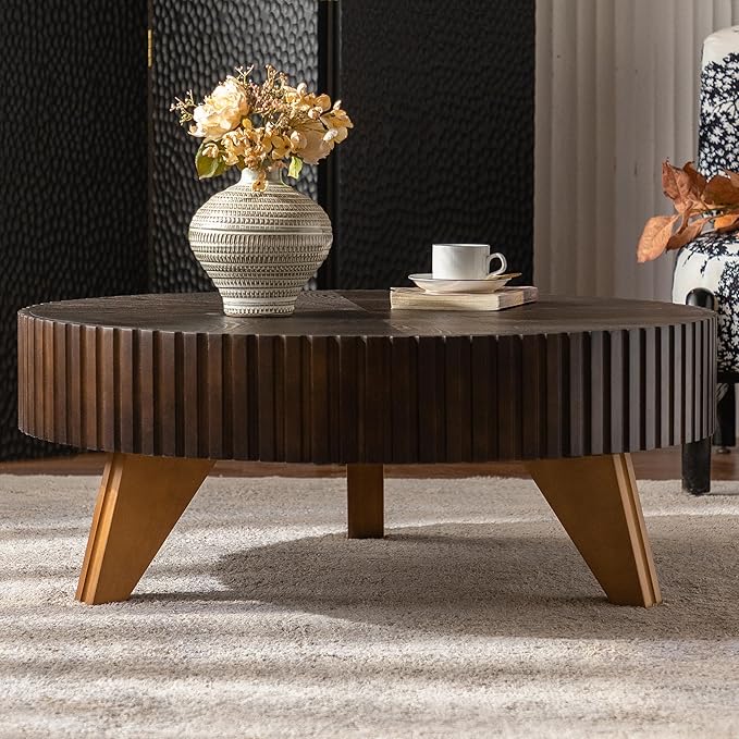 kevinplus 35.4'' Round Coffee Table Wood Modern Coffee Table for Living Room, Easy Assembly, Black Brown