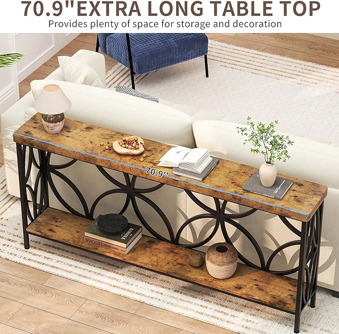 karlott 70.9 inch Extra Long Console Table, Industrial Sofa Table Behind Couch with 2 Tier Storage Shelf, Narrow Long Entryway Table for Living Room, Foyer, Hallway, Office, Rustic Brown-NeatNest