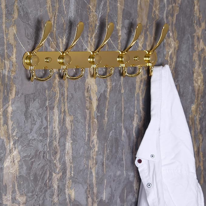 Dseap Coat Rack Wall Mounted - 5 Tri Hooks, Heavy Duty, Stainless Steel, Metal Coat Hook Rail for Coat Hat Towel Purse Robes Mudroom Bathroom Entryway,Gold-NeatNest