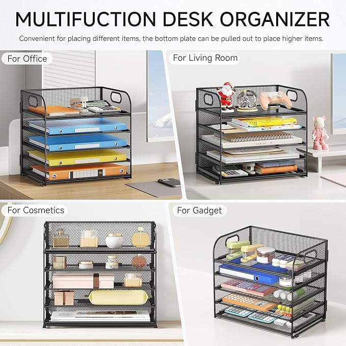 2 Pack 5-Tier Paper Organizer Letter Tray with Handle - Black Mesh Desk Paper Sorter File Organizer for Office, Home or School File Folder Holder