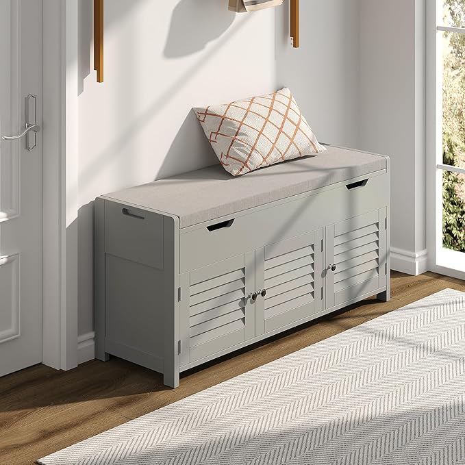 ChooChoo 41.3" Shoe Storage Bench with Lift Top Storage, Entryway Bench with Cushioned Seat, Adjustable Shelf, Shoe Cabinet with Hidden Space, for Entryway, Bedroom, Living Room, Grey-NeatNest