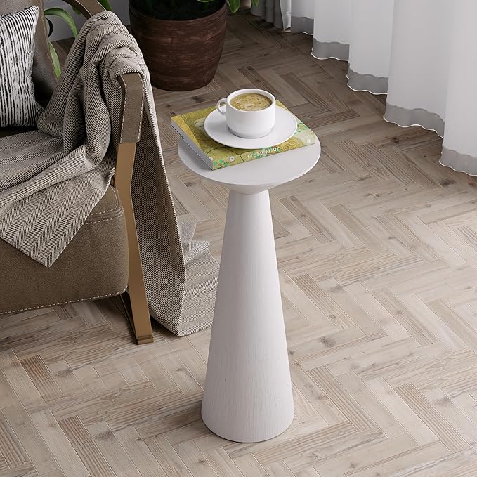 Farmhouse Tall Pedestal End Table Small Solid Wood Martini Table Plant Stand Modern Round Drink Table for Small Space Living Room, White