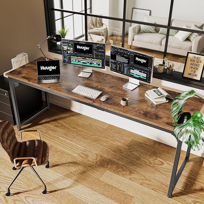 Huuger Computer Desk, 80 Inch Office Desk, Gaming Desk with Storage, Writing Desk Work Desk for Home Office, Study, Long Simple Desk, Large Legroom, Metal Frame, Rustic Brown-NeatNest