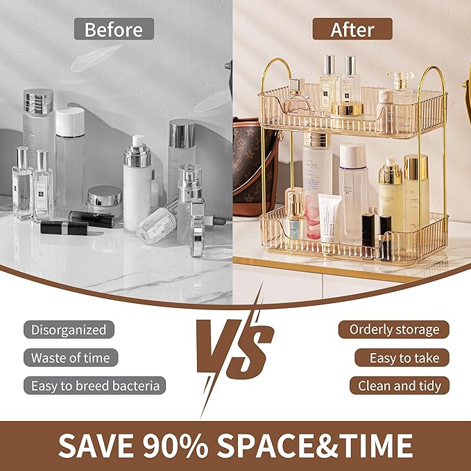 2 Tier Bathroom Organizer Countertop Makeup Perfume Tray Skincare Organizer for Bathroom Dresser Vanity (Gold)-NeatNest