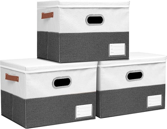 Foldable Fabric Storage Boxes with Lids, Collapsible Versatile Bins Baskets Cubes with Handles for Easy Organization in Closet, Living Room, and Bedroom (Grey & White, 3PCS/15 * 9.8 * 9.8in)-NeatNest