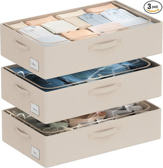 3Pcs Under Bed Storage Bins with Metal Frame - Shoe Organizer for Closet with Clear Cover Oxford Fabric Sturdy Underbed Container Foldable Stackable Clothes Organizer (Beige, 23.5x15.7x6.3)-NeatNest