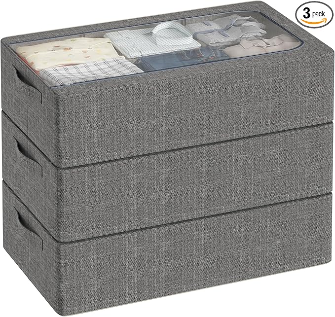3PCS Under Bed Storage Bins with Metal Frame, Linen Fabric Frame Storage Box Clothes Organizer Bins, Underbed Container with Clear Window (Dark Grey, 23.6 x 13 x 6IN)-NeatNest