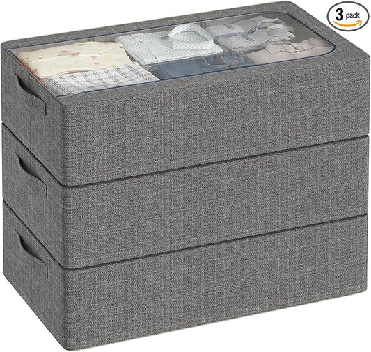 3PCS Under Bed Storage Bins with Metal Frame, Linen Fabric Frame Storage Box Clothes Organizer Bins, Underbed Container with Clear Window (Dark Grey, 23.6 x 13 x 6IN)-NeatNest