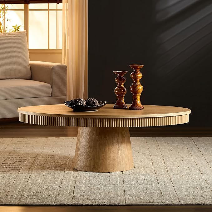 Coffee Table Modern Oval Wood Coffee Tables Mid Century Center Fluted Farmhouse Drum Tea Boho Wooden for Living Room Apartment Home Office Oka 47.24" W x 26.77" D x 15.86" H-NeatNest