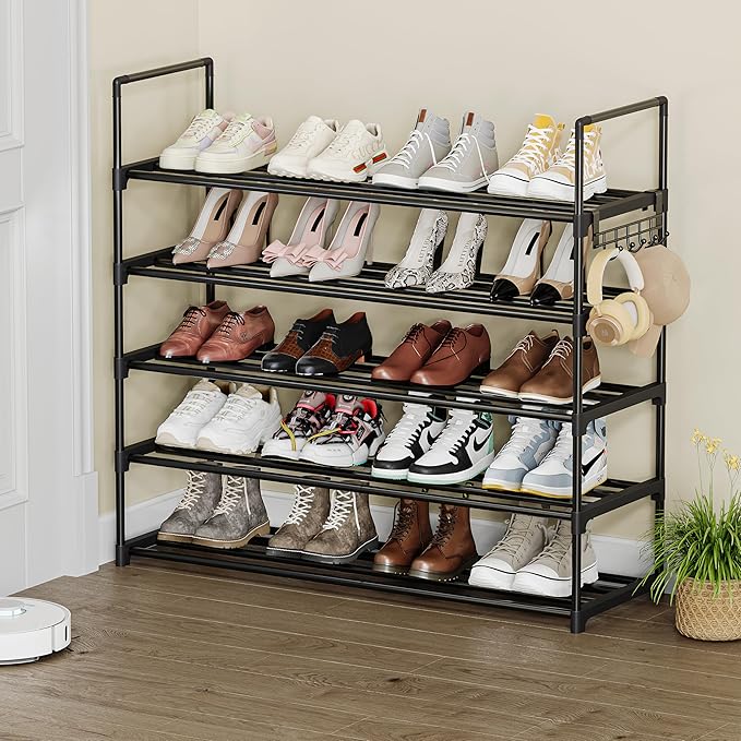 Metal Shoe Rack - 5-Tier Shoe Organizer with Adjustable Shelf Height, Sturdy Shoe Storage Shelf, Perfect for Front Door Entrance, Closet & Entryway, Easy to Assemble, DIY Layering Options (L - 5 Tier)-NeatNest