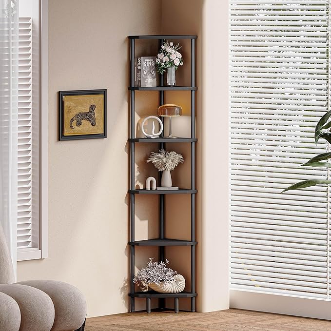 6 Tier Corner Shelf, 66.5'' Tall Standing Shelf, Narrow Display Shelf Stand, Modern Corner Bookshelf, Plant Stand, Corner Bookcase for Living Room, Bedroom, Bathroom, Black LCS502B-NeatNest