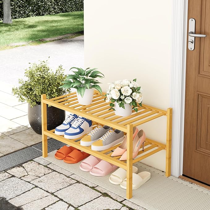 Smiry Shoe Rack, 2 Tier Thick Bamboo Shoe Organizer, Stackable Free Standing Wooden Shoe Storage Shelf for Closet, Entryway, Front Door Entrance, Natural-NeatNest