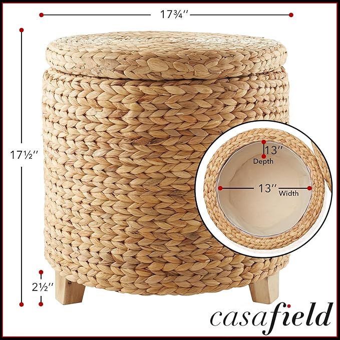 Casafield 17" Round Storage Ottoman with Lid - Natural, Handwoven Water Hyacinth Footstool for Living Room, Bedroom, Bathroom, Home Office-NeatNest