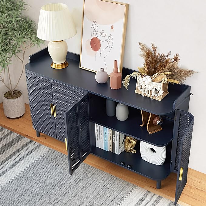4 Doors Storage Cabinet, 2 Tier Wooden Storage Organizer Cabinet with Adjustable Shelf, Sideboard Buffet Cabinets with Iron Curved Doors Accent Shoe Rack for Entryway Hallway Living Room (Blue)-NeatNest