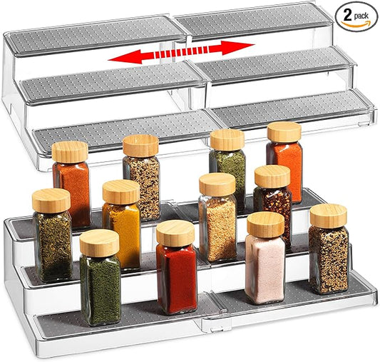 Expandable Spice Organizer Rack (2-PACK) - 3-Tier - Clear Adjustable Tiered Shelf Spices Organization for Kitchen Cabinet and Pantry Storage-NeatNest