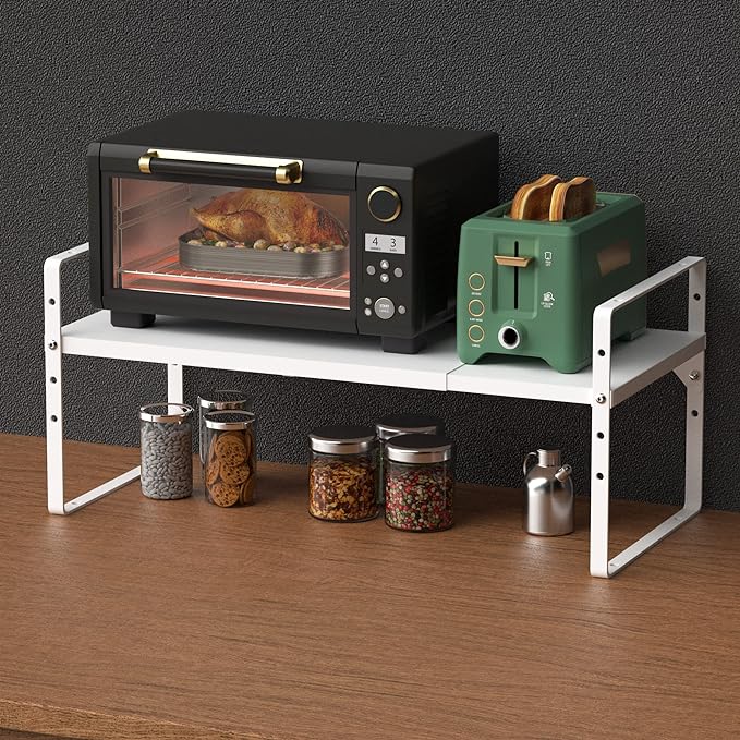 Expandable Kitchen Cabinet Shelf Organizers, Stackable Metal Pantry Storage Shelves Rack, Adjustable Counter Spice Shelf for Cabinets, Countertop, Cupboard Organizers and Storage, White-NeatNest