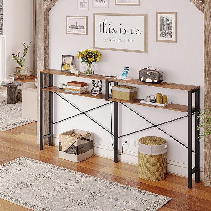 IRONCK Console Table with Power Outlet, Long Sofa Table with Shelves and X-Shaped Design, Narrow Sofa Entryway Behind Couch Table for Living Room and Hallway, Vintage Brown-NeatNest