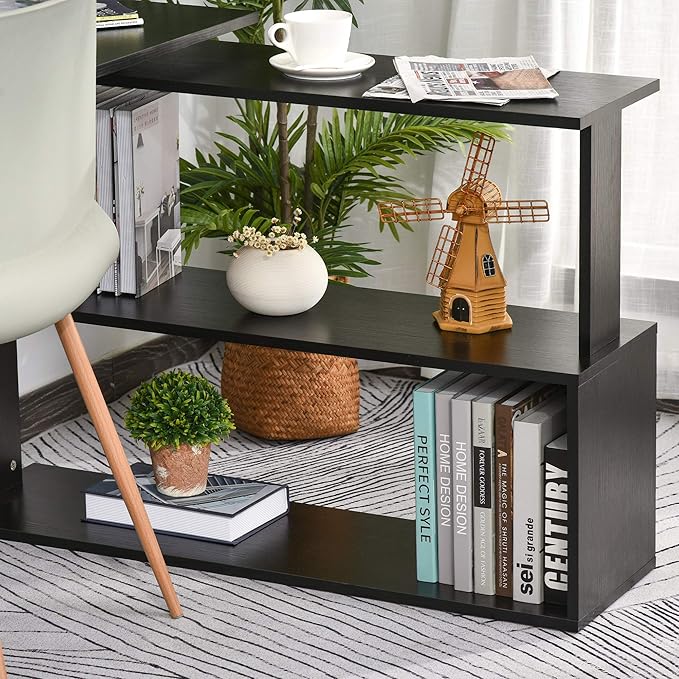 HOMCOM L Shaped Desk, Corner Computer Desk, 360 Degree Rotating Home Office Desk with Storage Shelves, Writing Table Workstation, Black-NeatNest