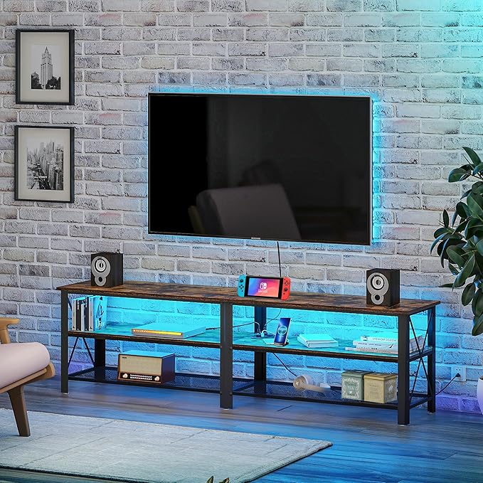 Clikuutory Modern Brown 71 inch Metal TV Stand with LED Lights and Power Outlets for 50 60 65 70 75 80 Inch TVs, 3 Tier Television Stands with Entertainment Center and Storage for Living Room, Bedroom-NeatNest