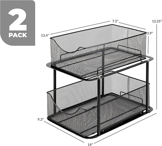 Sorbus 2 Sets of 2 Tier Metal Under Sink Organizer for Bathroom, Kitchen, Strong Steel Mesh Sliding Drawers for Under Sink, Under Cabinet, Closet, Kitchen, Pantry, Bathroom Organizers and Storage-NeatNest