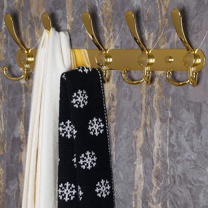 Dseap Coat Rack Wall Mounted - 5 Tri Hooks, Heavy Duty, Stainless Steel, Metal Coat Hook Rail for Coat Hat Towel Purse Robes Mudroom Bathroom Entryway,Gold-NeatNest