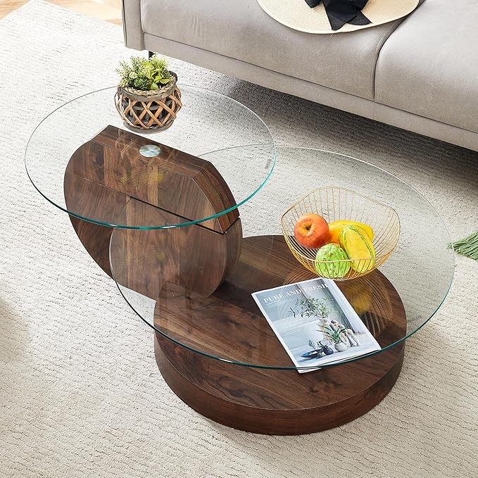 Glass Coffee Tables for Living Room Round Coffee Tables Modern Double Layer Round Table Circle Coffee Table for Small Space Home Office (42 Inch Dark Brown)