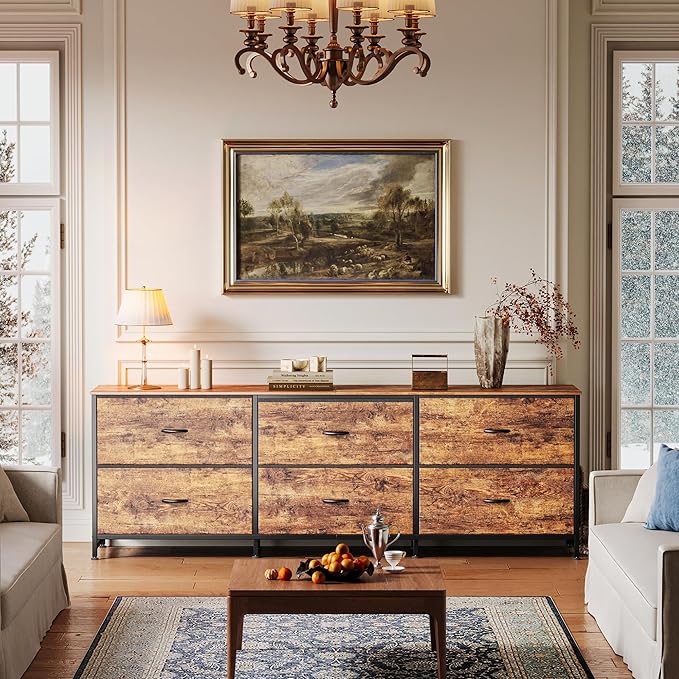 Huuger 63 Inch Long Dresser for Bedroom, Wide TV Stand for 55, 65, 70 Inch TV, 6 Drawer Dresser for Closet with Fabric Drawers, Storage Organizer for Bedroom, Entryway, Rustic Brown-NeatNest