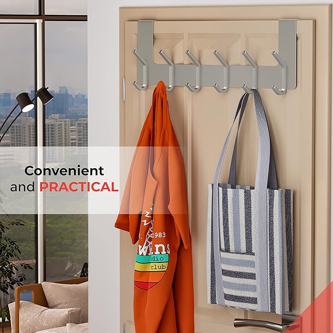 Brushed Nickel Over The Door Hooks – Heavy Duty Stainless Steel Door Hanger with 6 Double Hooks for Hanging Towels, Coats, Robes, Hats, Bags – No Drill Over Door Towel Rack for Bathroom & Bedroom-NeatNest
