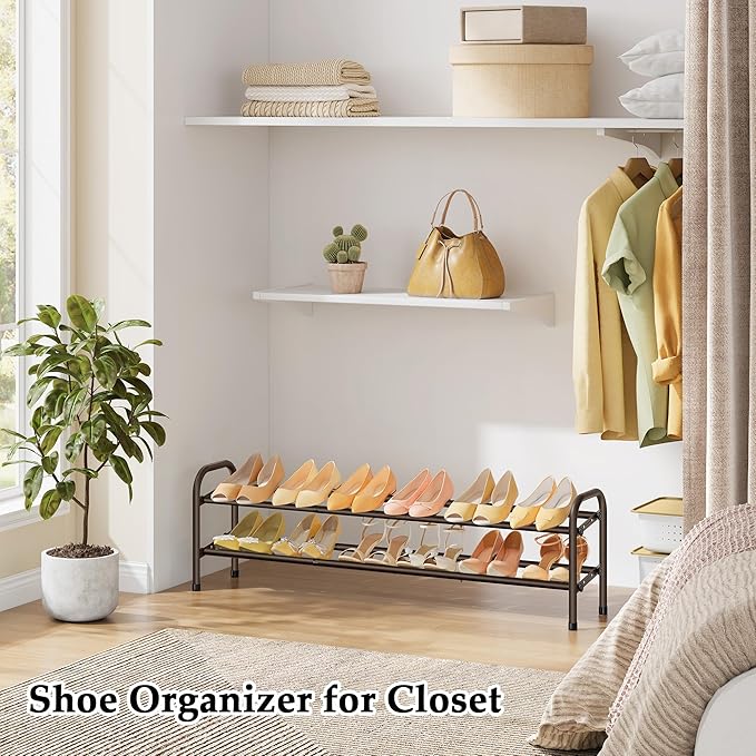 2 Tier Shoe Organizer, Shoe Rack for Closet, 28“ Metal Shelf Can Expandable to 42“, for Bedroom, Entryway, Closet, Garage, Adjustable to 12 Pairs Shoes, Rustic Brown-NeatNest