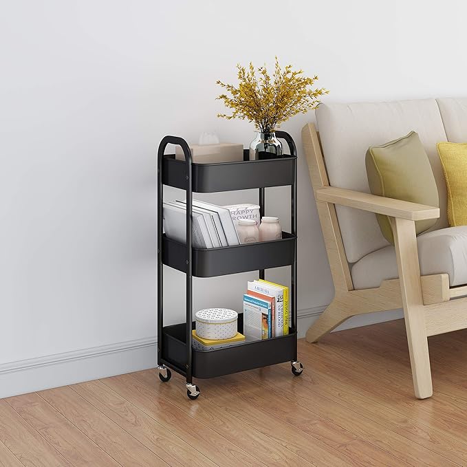 3-Tier Rolling Utility Cart with Caster Wheels,Easy Assembly, for Kitchen, Bathroom (Black)-NeatNest