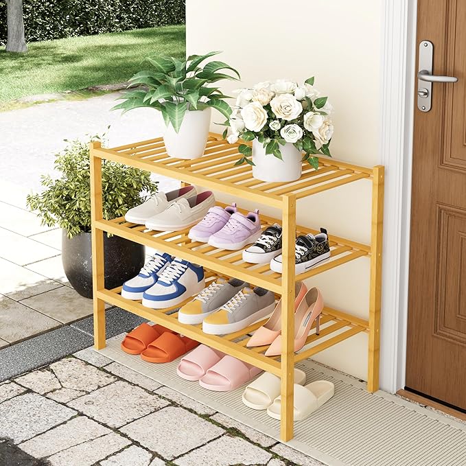 Smiry Shoe Rack, 3 Tier Thick Bamboo Shoe Organizer, Stackable Free Standing Wooden Shoe Storage Shelf for Closet, Entryway, Front Door Entrance, Natural-NeatNest