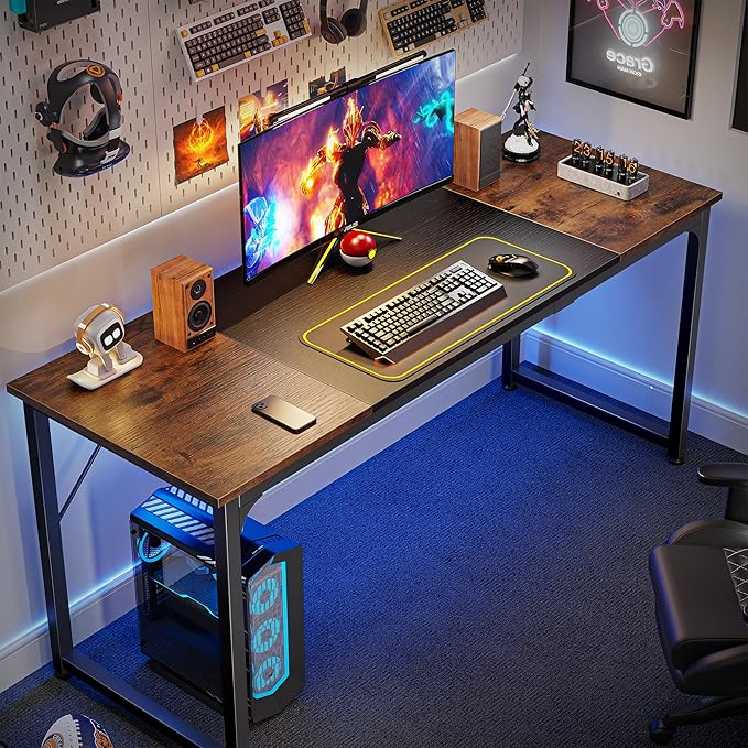 Huuger Computer Desk, 63 Inch Office Desk, Gaming Desk Writing Desk, Work Desk for Home Office, Study, Modern Simple Desk, Large Legroom, Metal Frame, Rustic Brown and Black-NeatNest