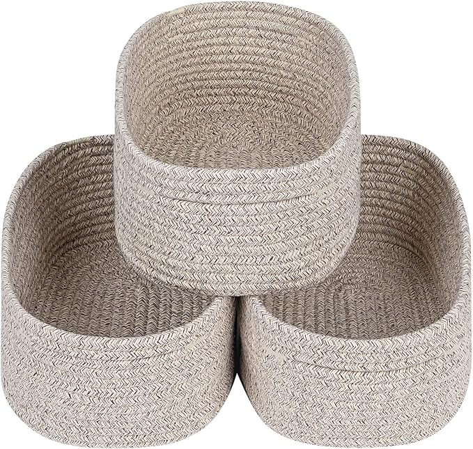 CubesLand Rectangle Organization/Storage Basket, Natural Cotton Rope Woven Baskets for Organizing, Small Basket for Kids, Baby Nursery, Cat Dog Toy Baskets, Organizer Bins for Shelves 3Pc Light Brown-NeatNest