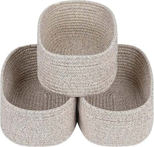 CubesLand Rectangle Organization/Storage Basket, Natural Cotton Rope Woven Baskets for Organizing, Small Basket for Kids, Baby Nursery, Cat Dog Toy Baskets, Organizer Bins for Shelves 3Pc Light Brown-NeatNest