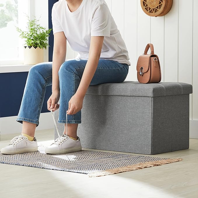SONGMICS MAZIE Collection - 30 Inches Ottoman Storage Bench, 21 Gal. Folding Chest with Breathable Linen-Look Fabric, Load up to 660 lb, for Entryway, Living Room, Bedroom, Light Gray ULSF001G02-NeatNest