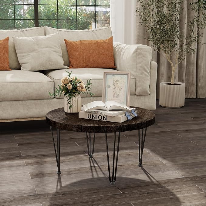 Fun Memories Round Coffee Table - Elm Wood Nesting Table with Metal Legs & Non Slip Feet Base - Rustic Nesting End Tables for Living Room Bedroom - 27.5" D x 27.5" W x 16" H - Walnut Color