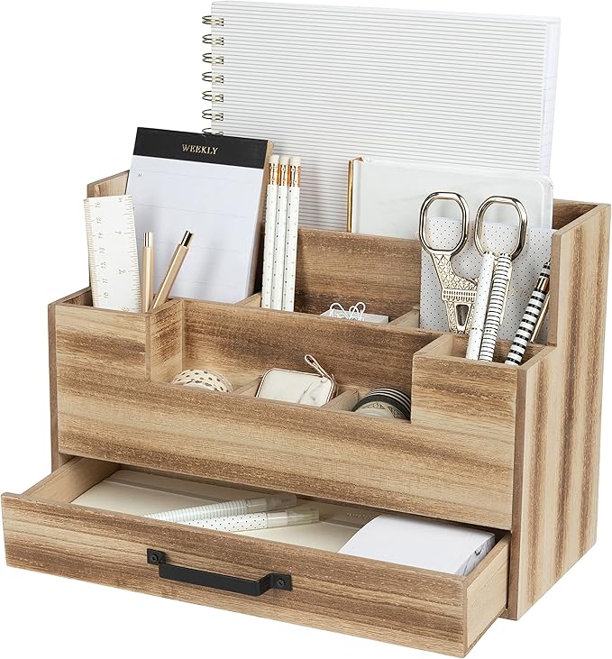 BLU MONACO Natural Wood Mail Organizer with Drawer, 5 Compartments, Desk Organizer for Women Office Desk Organization, 12.9x5.7x9 inches, 4.1 pounds-NeatNest
