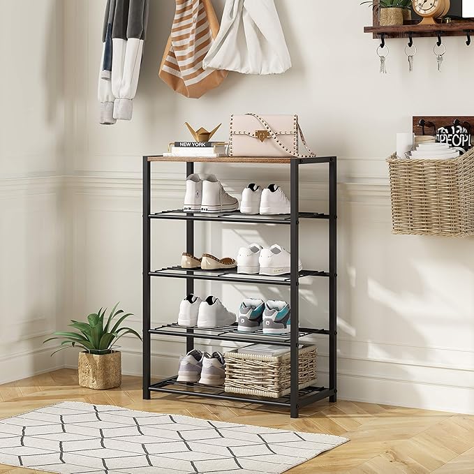 Yusong Shoe Rack Organizer, 5 Tier Industrial Shoe Storage Shelf, Narrow Sturdy Metal Shoe Shelves for Closet Entryway, Rustic Brown-NeatNest