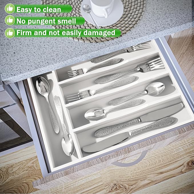 Greenual White Silverware Organizer 10 In Utensil Organizer Silverware Tray for Drawer Cutlery Flatware Organizer for Kitchen Bamboo Wood-NeatNest