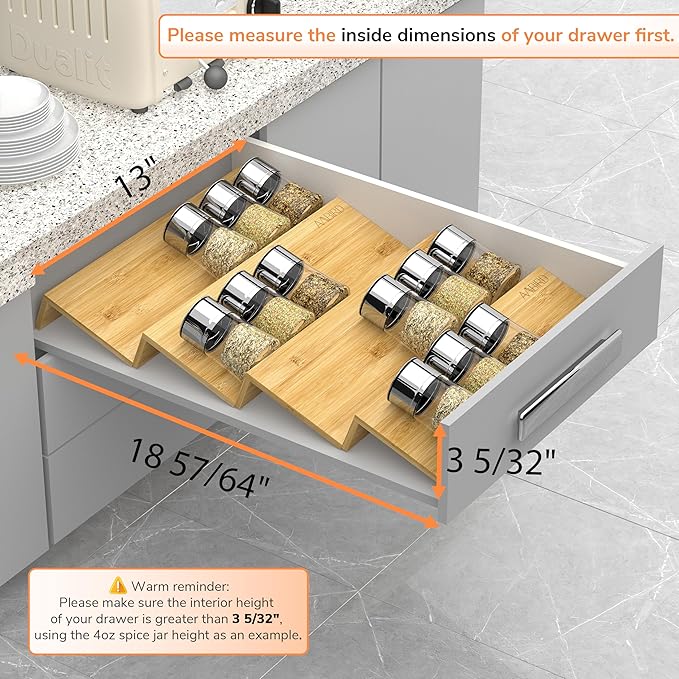 AMBIRD Bamboo Spice Drawer Organizer with Non-slip Mat, 4 Tier Jar Spice Rack Tray 13'',Seasoning Organizer for Kitchen,Cabinet,Drawers,Countertop-NeatNest
