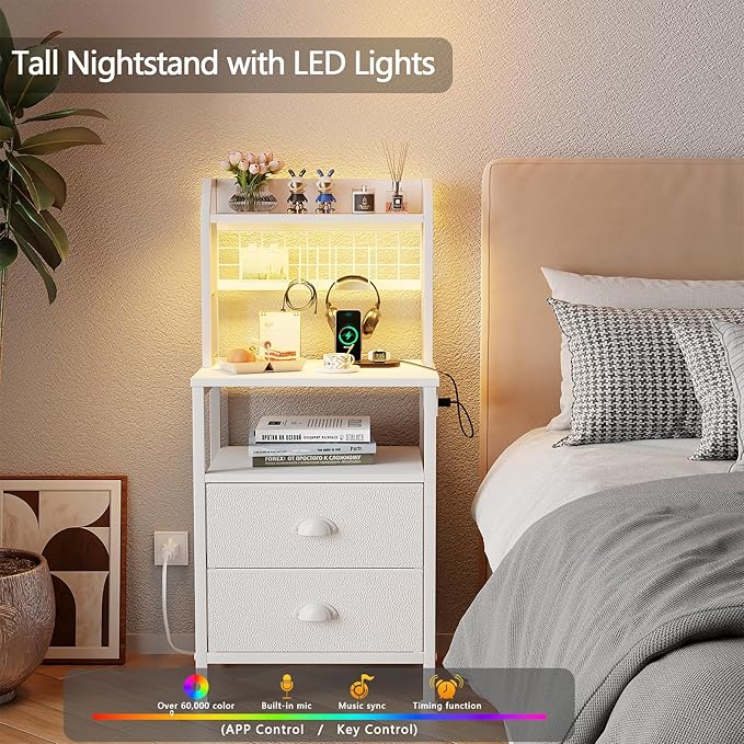 Furologee 40'' Tall Nightstand with Charging Station, Bedside Table with LED Lights, End Table with 2 Drawers and Storage Shelves, Night Stand with Pegboard for Bedroom, White
